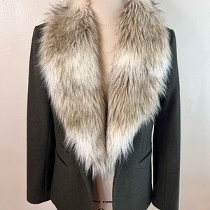 LOFT Women's Blazer with Faux Fur Collar - Gray and Cream